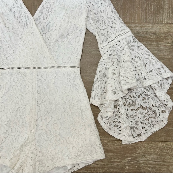 Lulus Lace Bell Sleeve Romper White Faux Wrap S - Picture 7 of 16